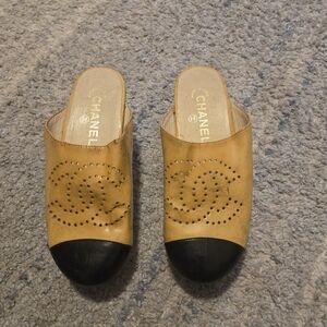 Authentic Vintage Chanel Perforated CC Logo Wood Clogs Mules Cap Toe Tan Black